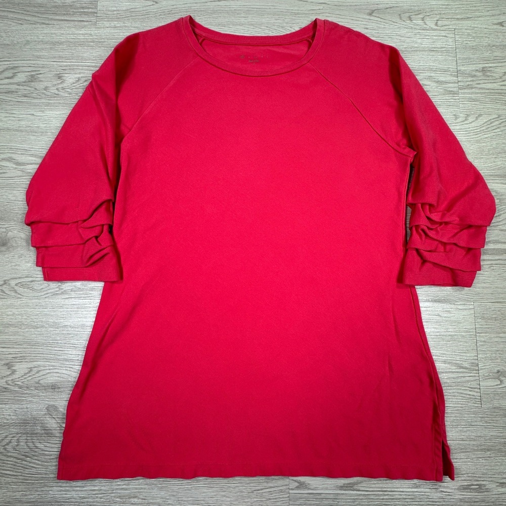 E.L.I. Women Top Coral Pink Medium Pima Cotton Ruffle 3/4 Sleeve Crew‎ Neck